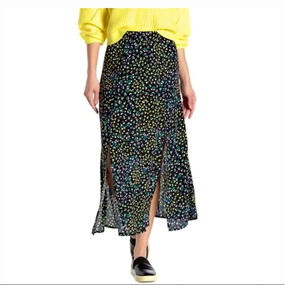ELODIE Double Slit Black Ditsy Floral Midi Skirt